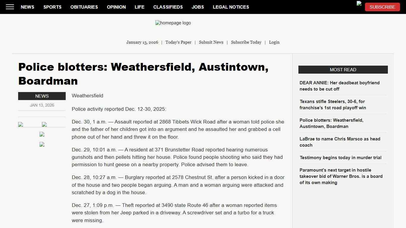 Police blotters: Weathersfield, Austintown, Boardman News, Sports, Jobs - The Vindicator